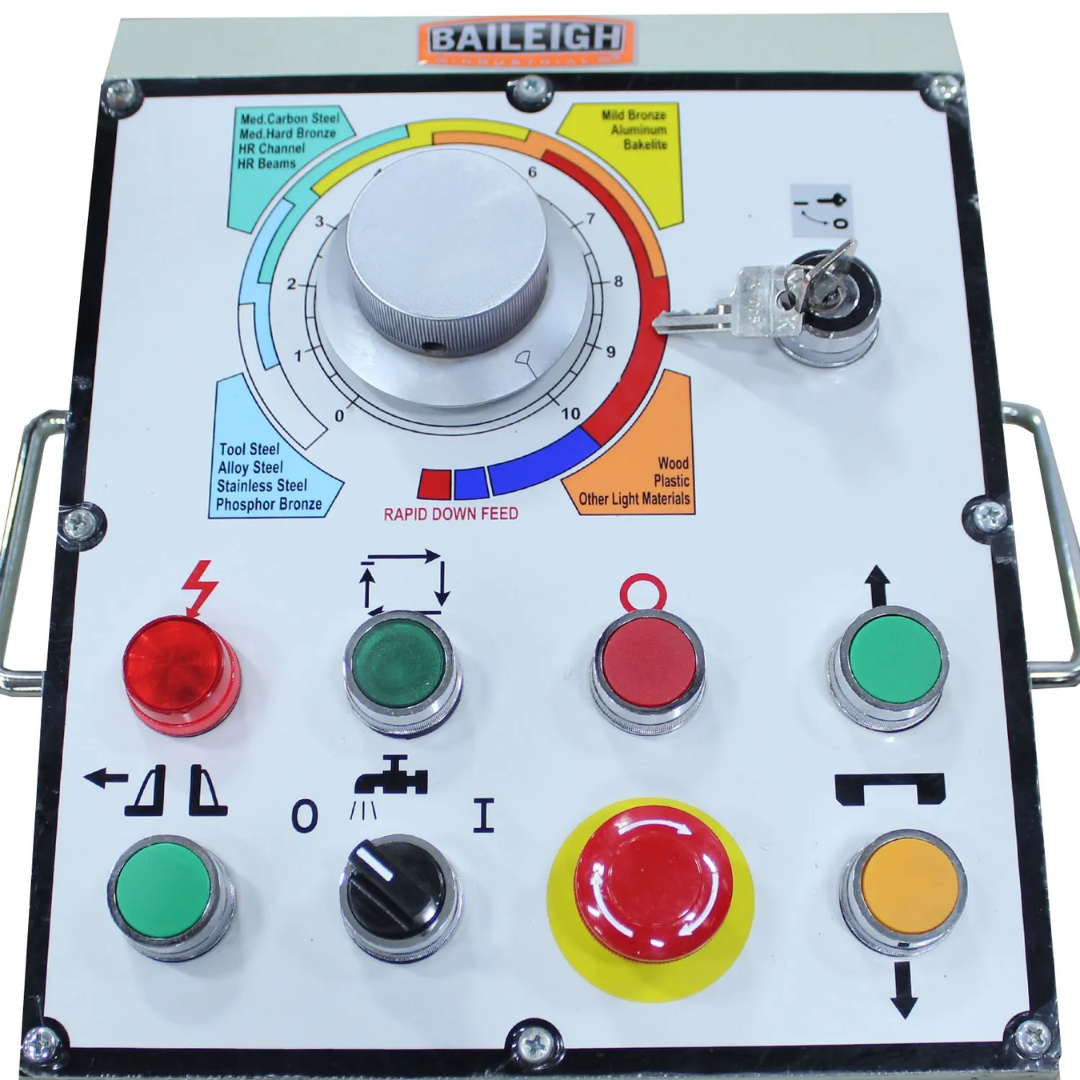 Operator control panel on the Baileigh 13-Inch Semi-Automatic Horizontal Bandsaw (BS-330SA) 1001521 featuring industrial controls for blade operation, hydraulic functions, and machine management.
