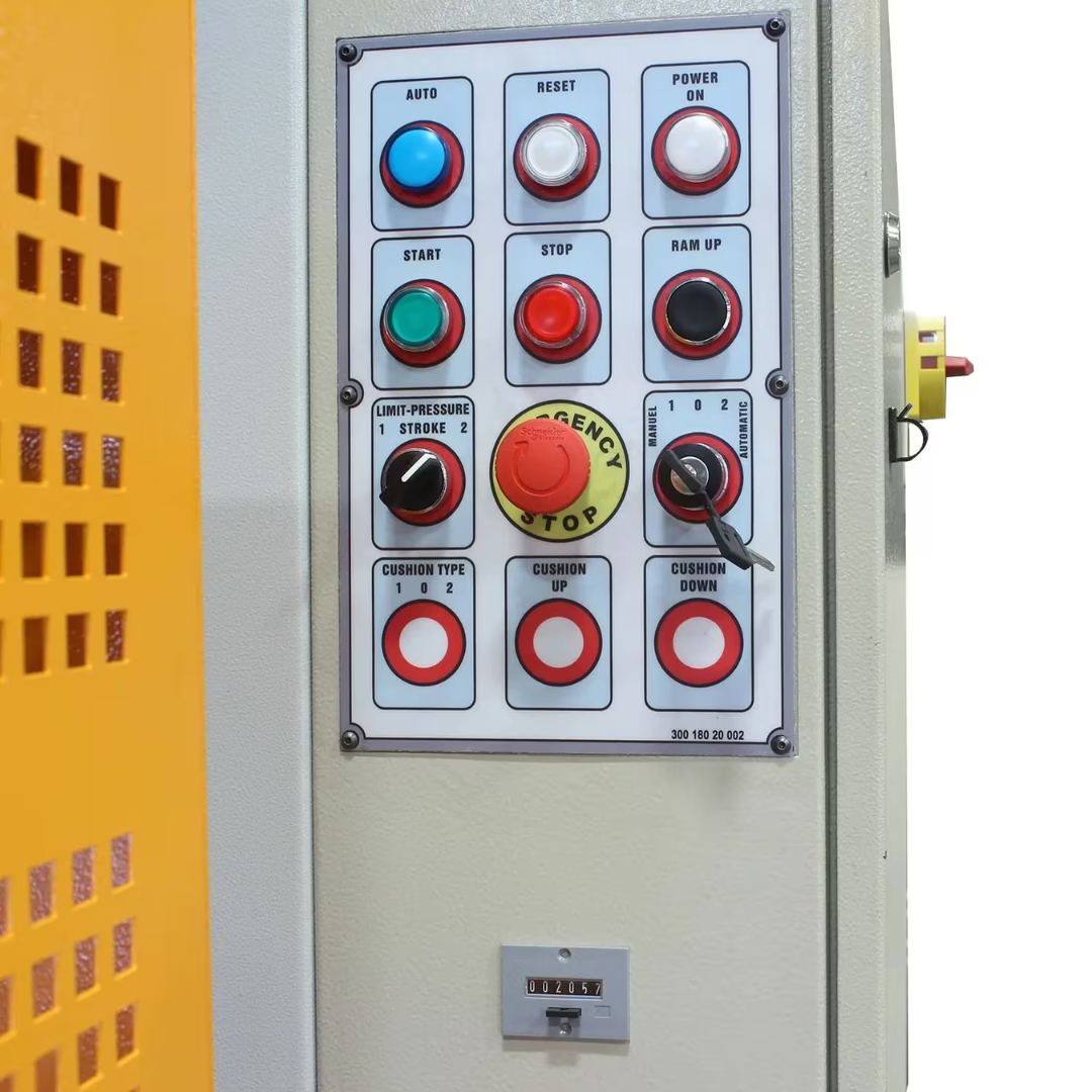 Operator control panel on the Baileigh C-Frame Press CFP-70HD 1013161 featuring industrial push-button controls, pressure management functions, and emergency stop controls.