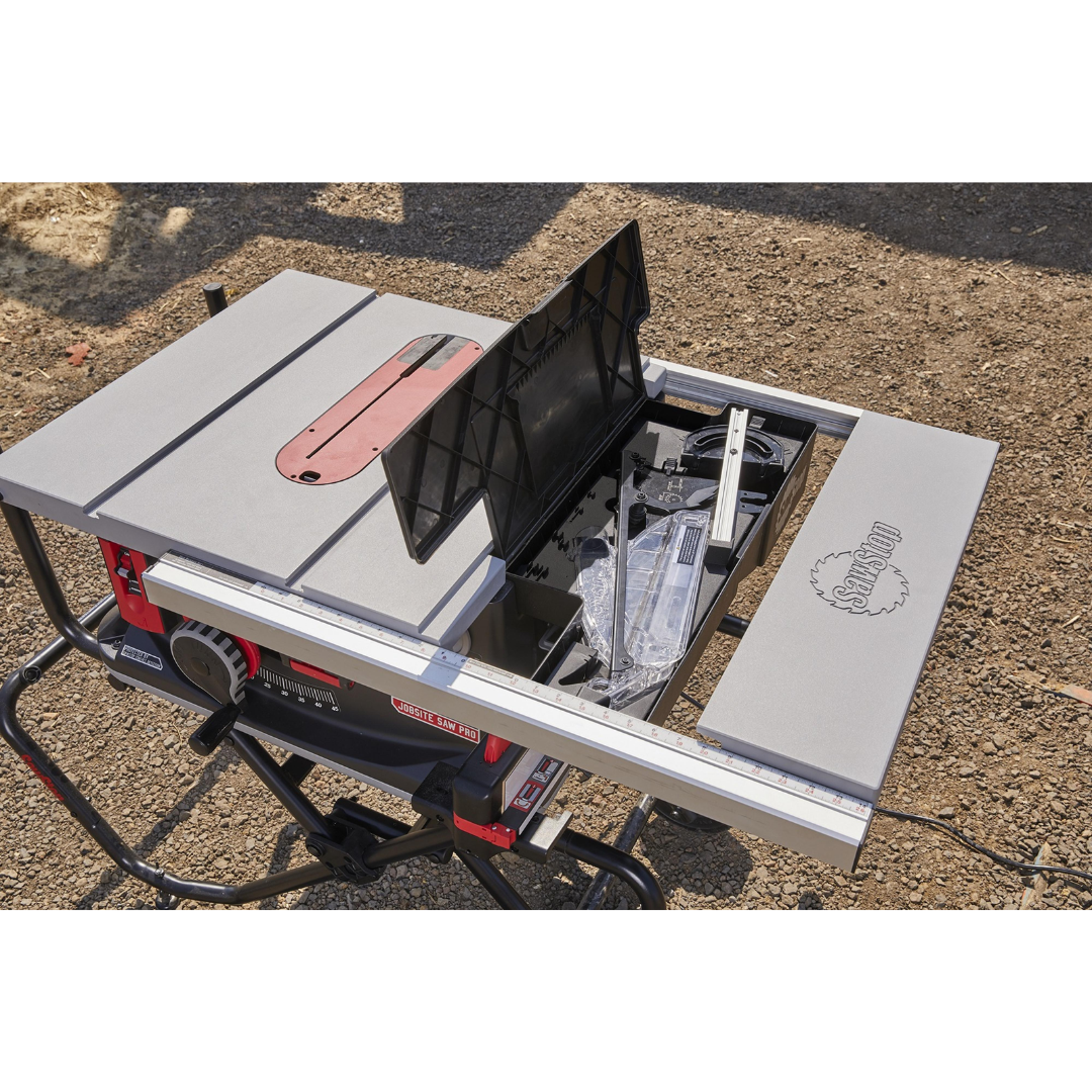 Overhead view of the SawStop Jobsite Saw Pro cutting workstation with extended table support and precision fence alignment.