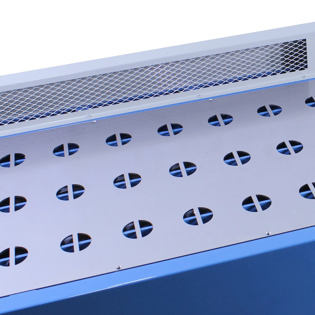 Perforated work area of Baileigh Downdraft Table 1008627 engineered to capture airborne dust, metal particles, and debris directly at the source.