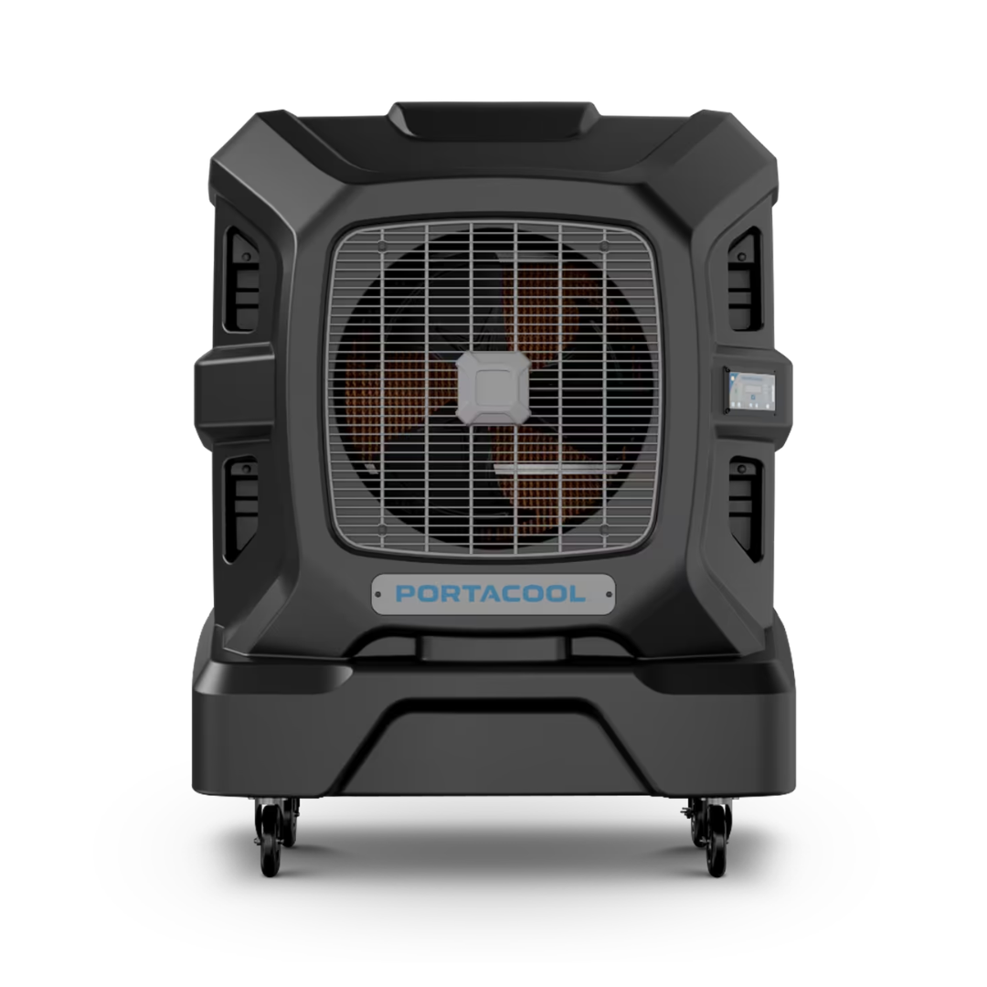 Portacool APEX 1200 Portable Evaporative Cooler front fan view displaying the powerful fan assembly engineered for strong airflow and efficient cooling performance