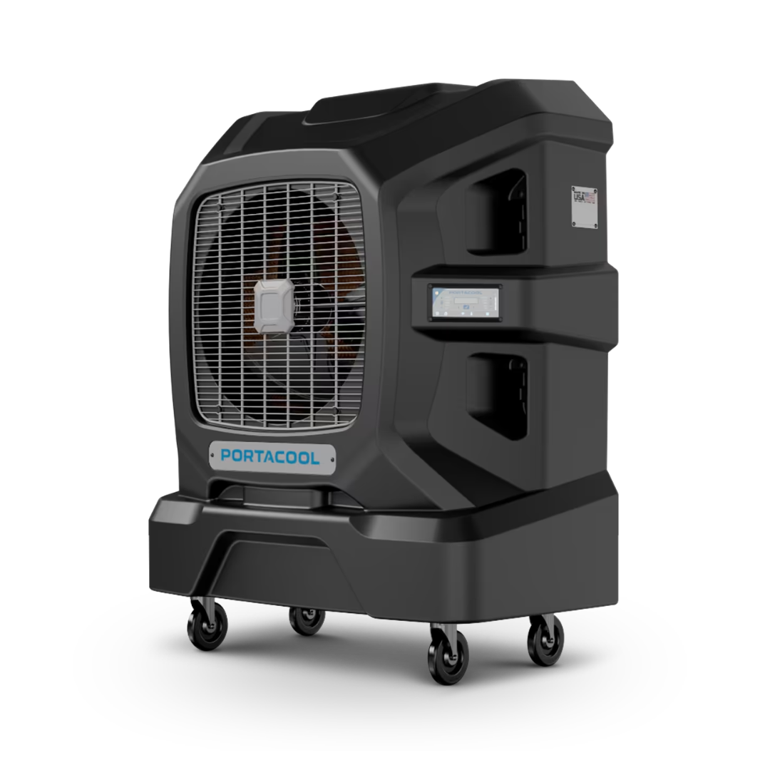 Portacool APEX 1200 Portable Evaporative Cooler three-quarter front perspective showing the durable molded housing, integrated controls, and mobile wheeled base