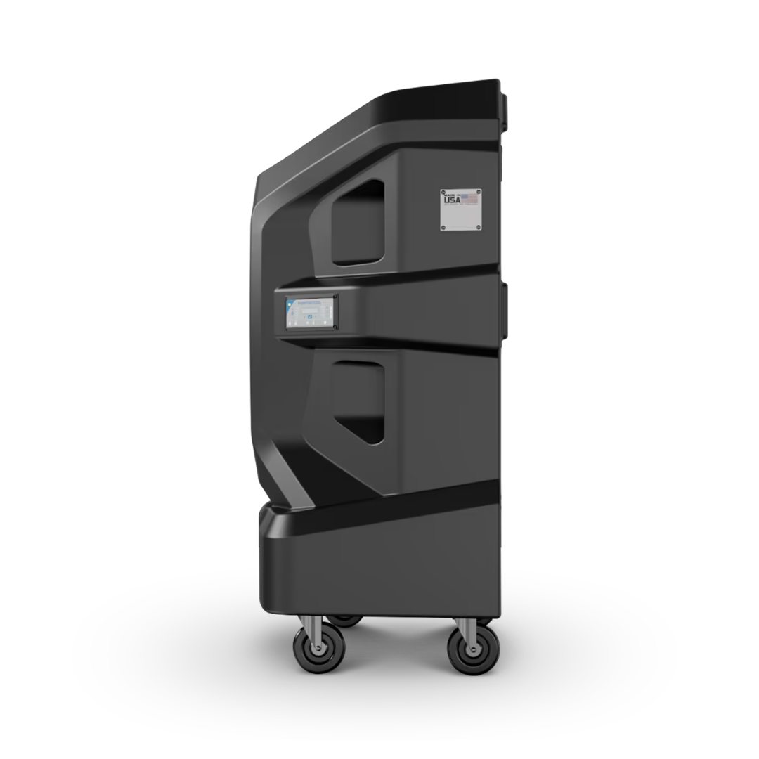 Portacool APEX 2000 Portable Evaporative Cooler rear-side perspective highlighting the cooling pad housing, water distribution system, and portable frame design