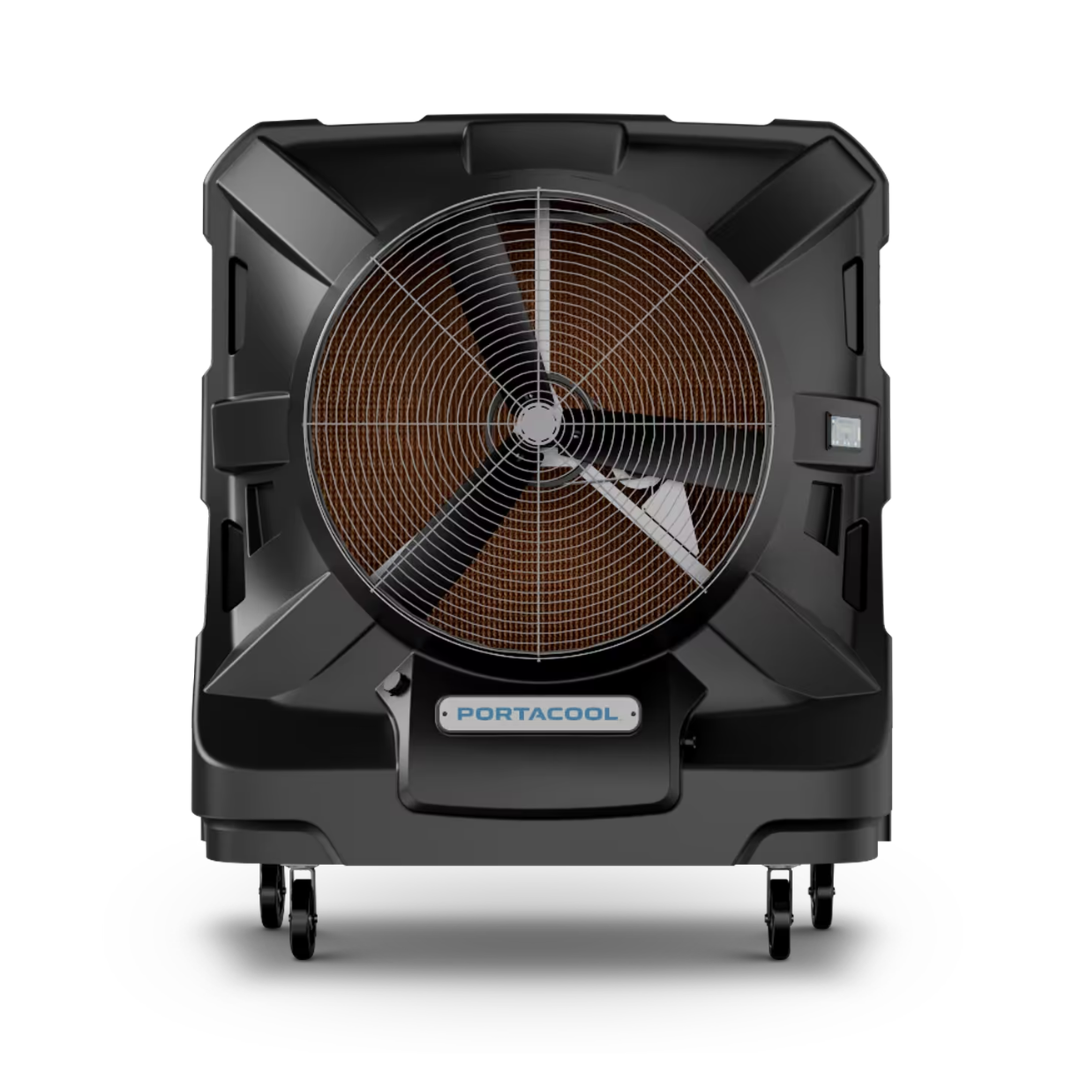 Portacool APEX 4000 Portable Evaporative Cooler front fan view displaying the large fan assembly engineered for high CFM airflow and efficient cooling performance