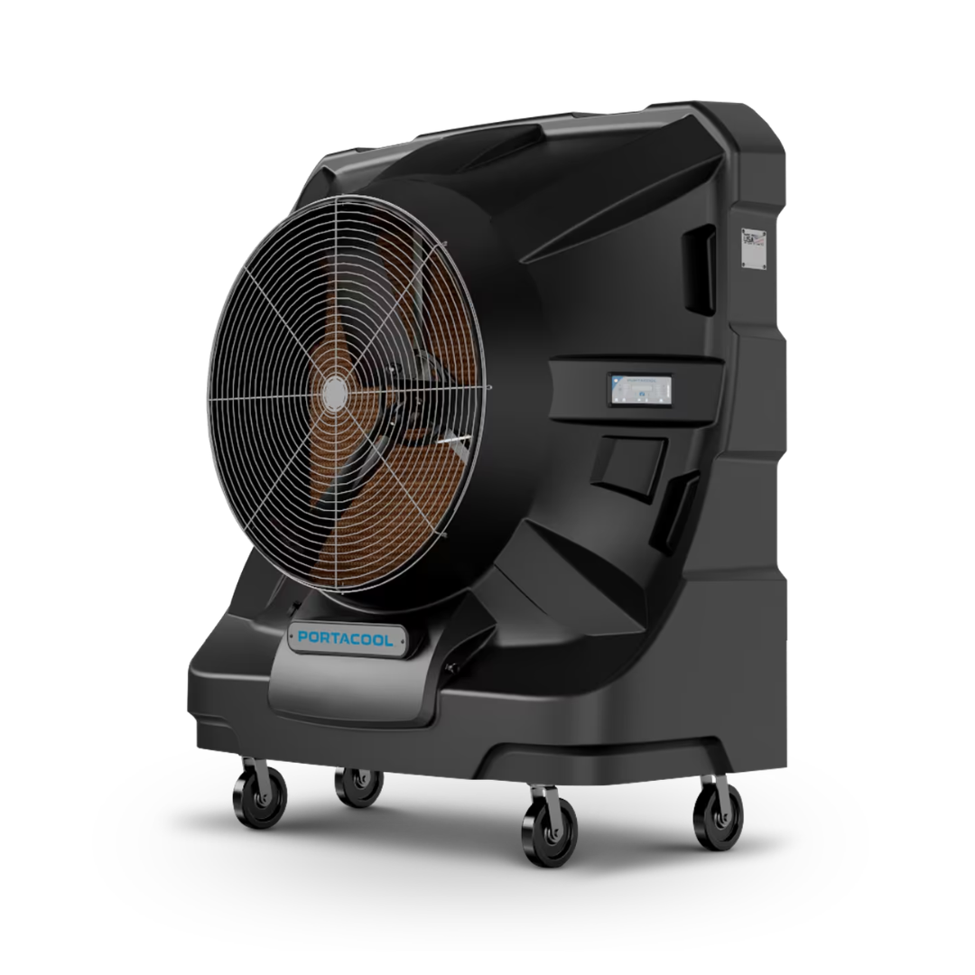 Portacool APEX 4000 Portable Evaporative Cooler three-quarter front perspective showing the durable molded body, integrated controls, and mobile wheeled base