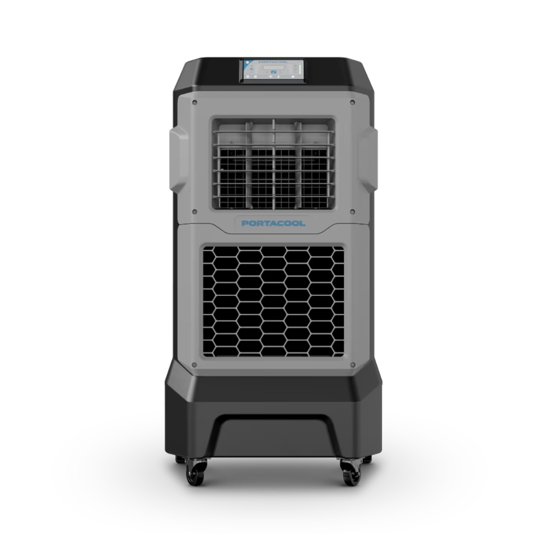 Portacool APEX 500 Portable Evaporative Cooler front view displaying the high-efficiency airflow grille and integrated digital control interface