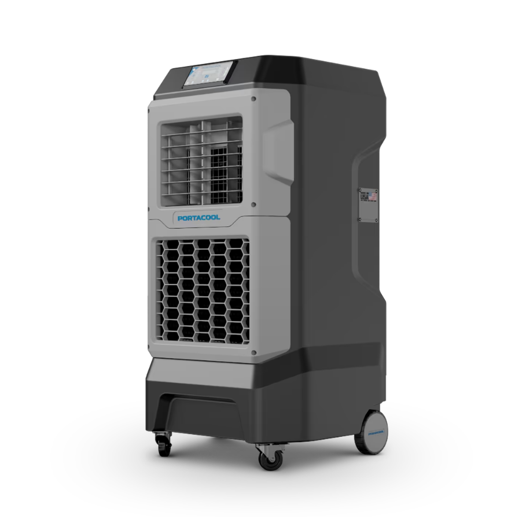 Portacool APEX 500 Portable Evaporative Cooler three-quarter front perspective showing the durable molded housing, compact vertical design, and wheeled mobility