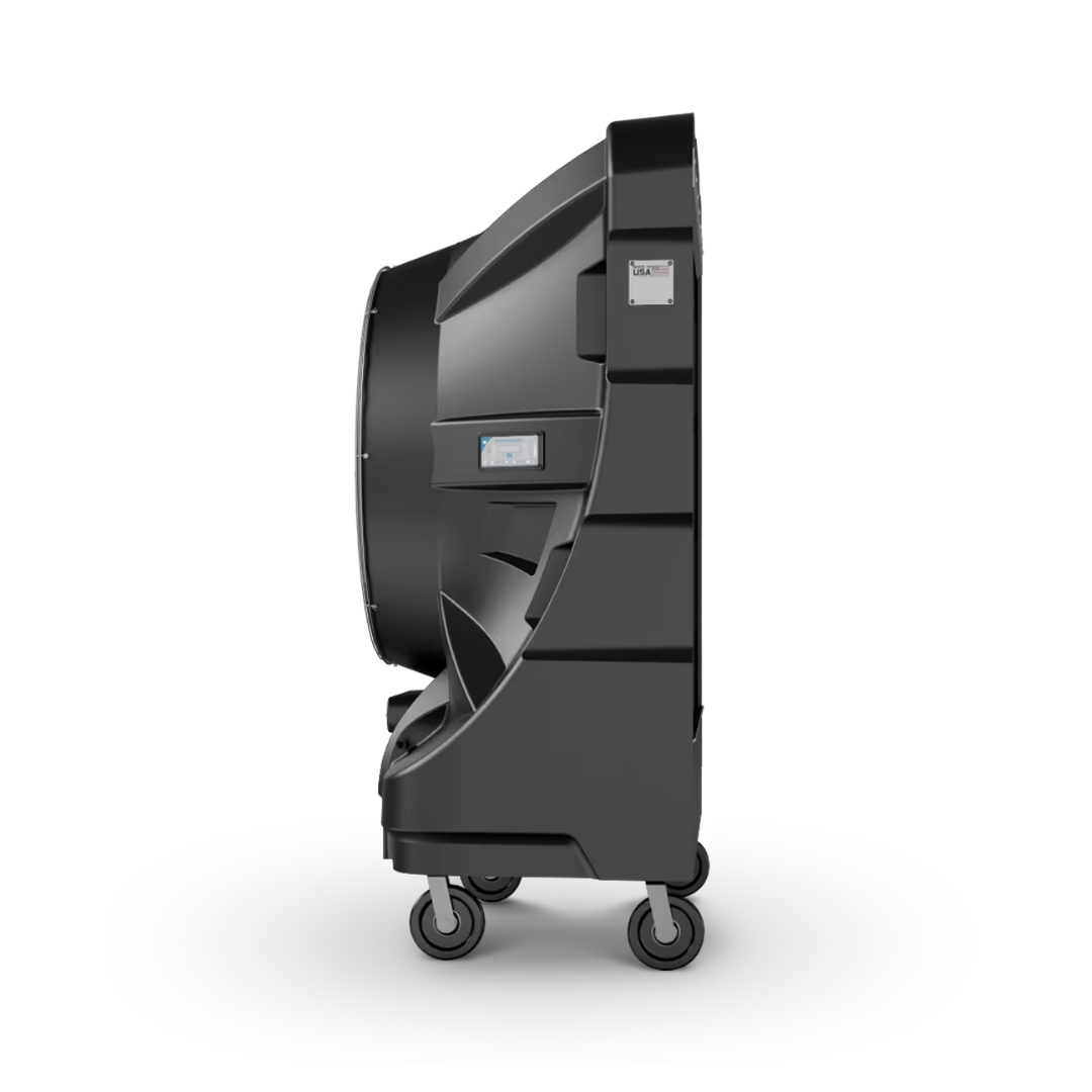 Portacool APEX 6500 Portable Evaporative Cooler rear-side perspective highlighting the cooling pad system, water distribution design, and portable wheeled base