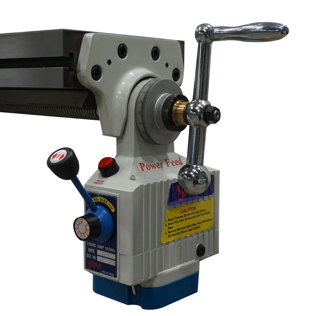Power feed control unit mounted on the Baileigh Vertical Mill VM-949E-VS 1019108 enabling smooth table movement and consistent cutting operations.