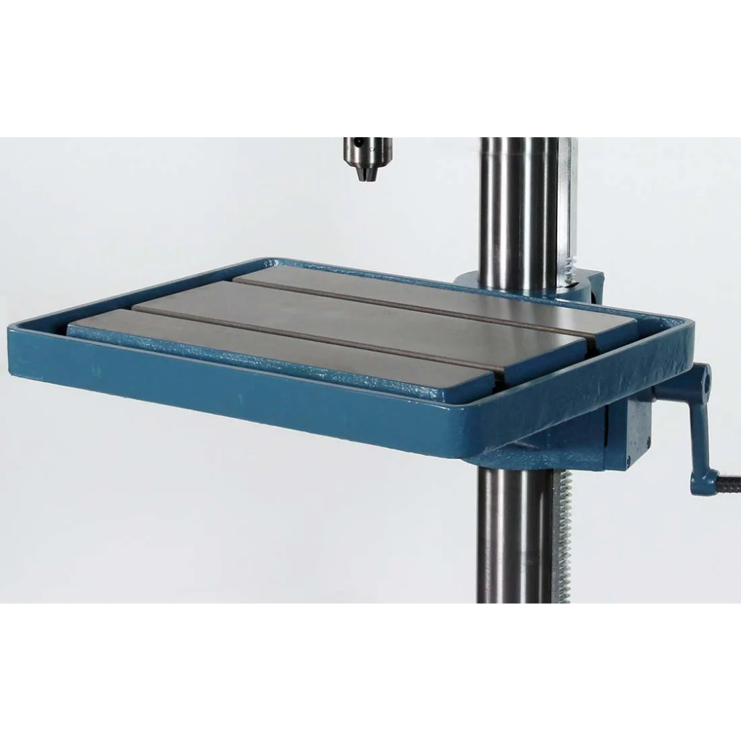 Precision adjustable work table on the Baileigh Drill Press (DP-15VSF) 1002989 designed for accurate positioning and support of workpieces during drilling operations.