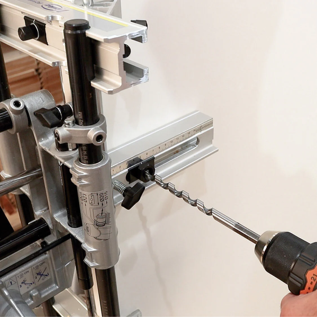 Precision alignment of Virutex Lock Mortiser For Doors FC116U 1600395 during installation on vertical door surface