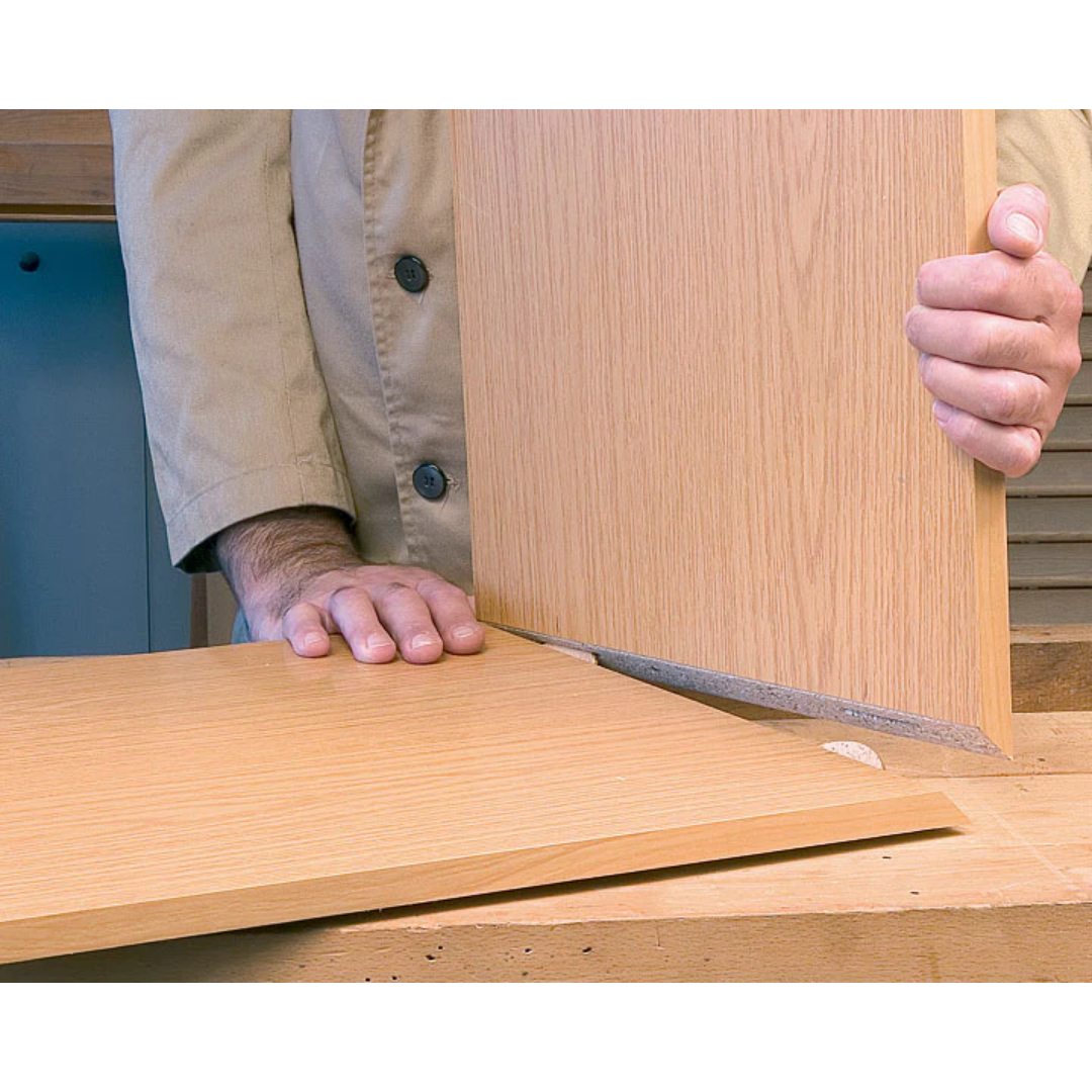 Pressing joined wooden panels together with Virutex Beechwood Biscuits installed for strong, flush bonding