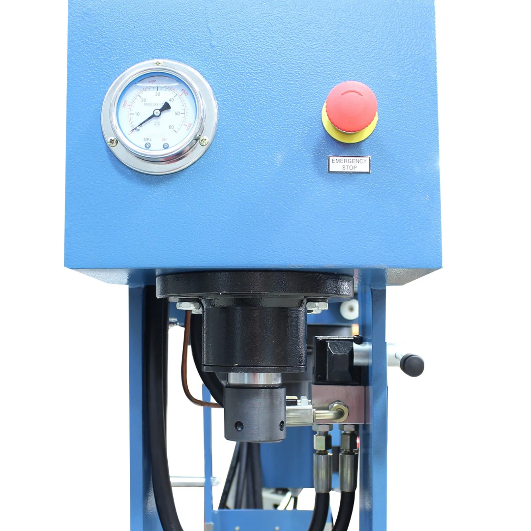 Pressure gauge and upper hydraulic assembly on the Baileigh 30/10-Ton Two-Station H-Frame Hydraulic Press (HSP-30M-C) 1019289 for accurate monitoring during pressing operations.