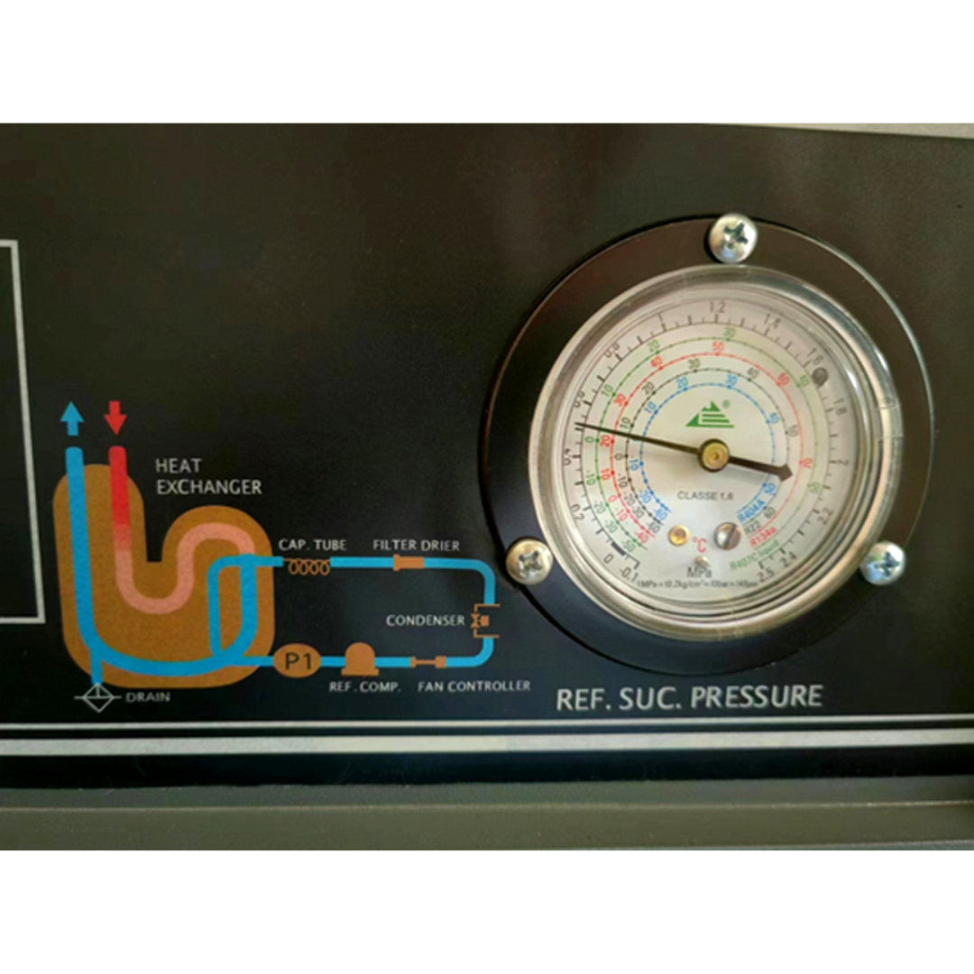 Pressure gauge close-up on California Air Tools RD-91502 High-Efficiency Non-Recycling 98% Refrigerated Air Dryer system setup