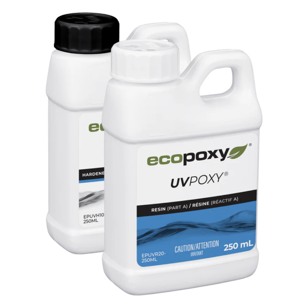 Product packaging bottles of Ecopoxy UVPoxy Epoxy Coating for Woodworkers & Artists for woodworking and art projects.