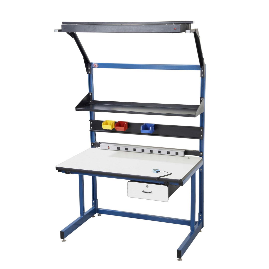 Proline Cantilever Workbench BIB19 industrial workstation with overhead task lighting, adjustable cantilever shelf, integrated power strip, component bin rail, locking storage drawer, ESD-compatible work area, and heavy-duty steel frame for electronics assembly, manufacturing, and laboratory applications.