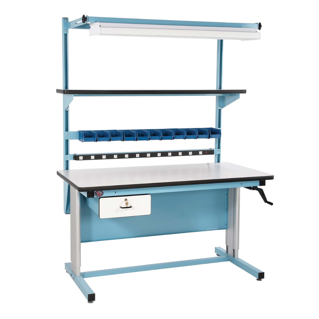 Proline Ergonomic Workbench BIB18 industrial height-adjustable workstation with integrated overhead lighting, power distribution strip, cantilever storage shelf, component bin organizer, locking drawer, ergonomic crank-adjustment system, and durable work surface for manufacturing, assembly, laboratory, and technical applications.