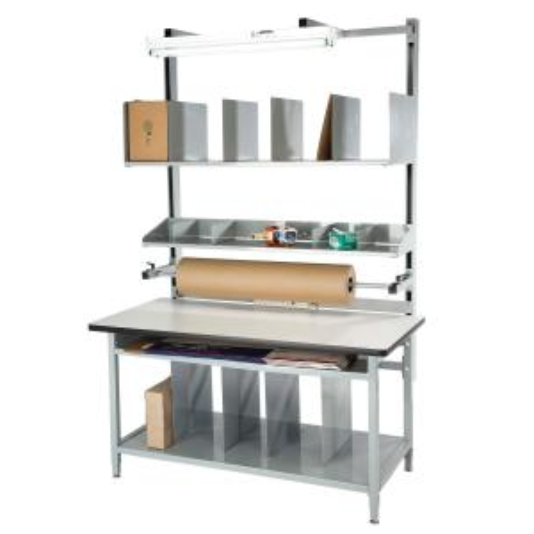 Proline Packaging Workbench BIB6 industrial packaging workstation with upper literature storage compartments, corrugated storage shelf, integrated paper roll dispenser, spacious work surface, lower divided storage shelf, overhead task light, and heavy-duty steel frame for shipping, fulfillment, and packaging operations.