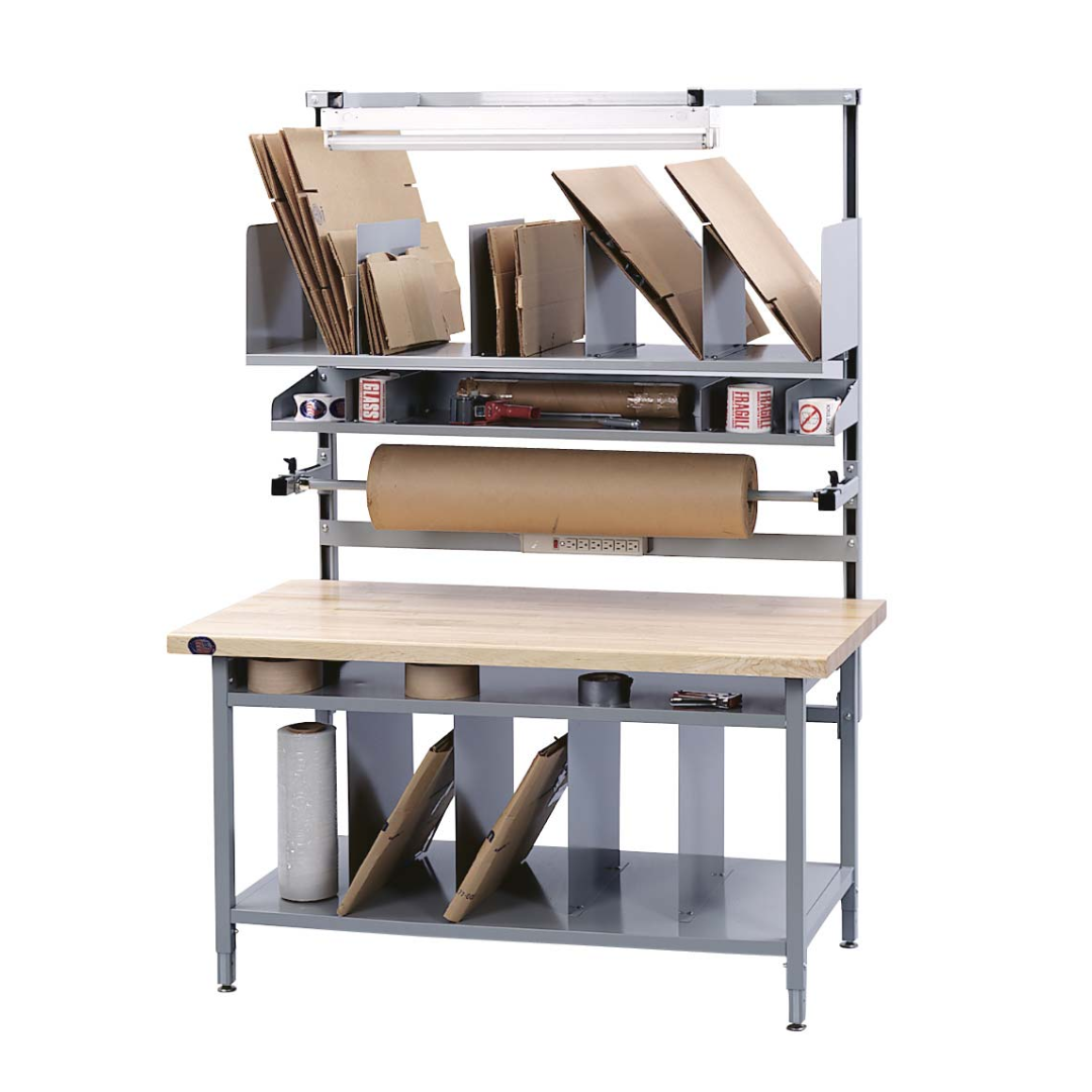 Proline Packaging Workbench and Shipping Table BIB8 with solid maple work surface, overhead storage compartments, corrugated carton organizer, integrated paper roll dispenser, task lighting, lower divided storage shelf, built-in power outlets, and heavy-duty steel frame for packaging, shipping, and fulfillment operations.