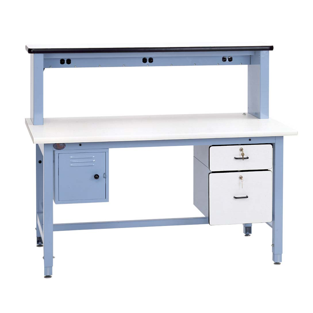 Proline Technical Workbench BIB12 industrial workstation with overhead power riser, durable plastic laminate work surface, lockable storage cabinet, secure locking drawers, footrest, and heavy-duty steel frame designed for technical, assembly, and manufacturing applications.
