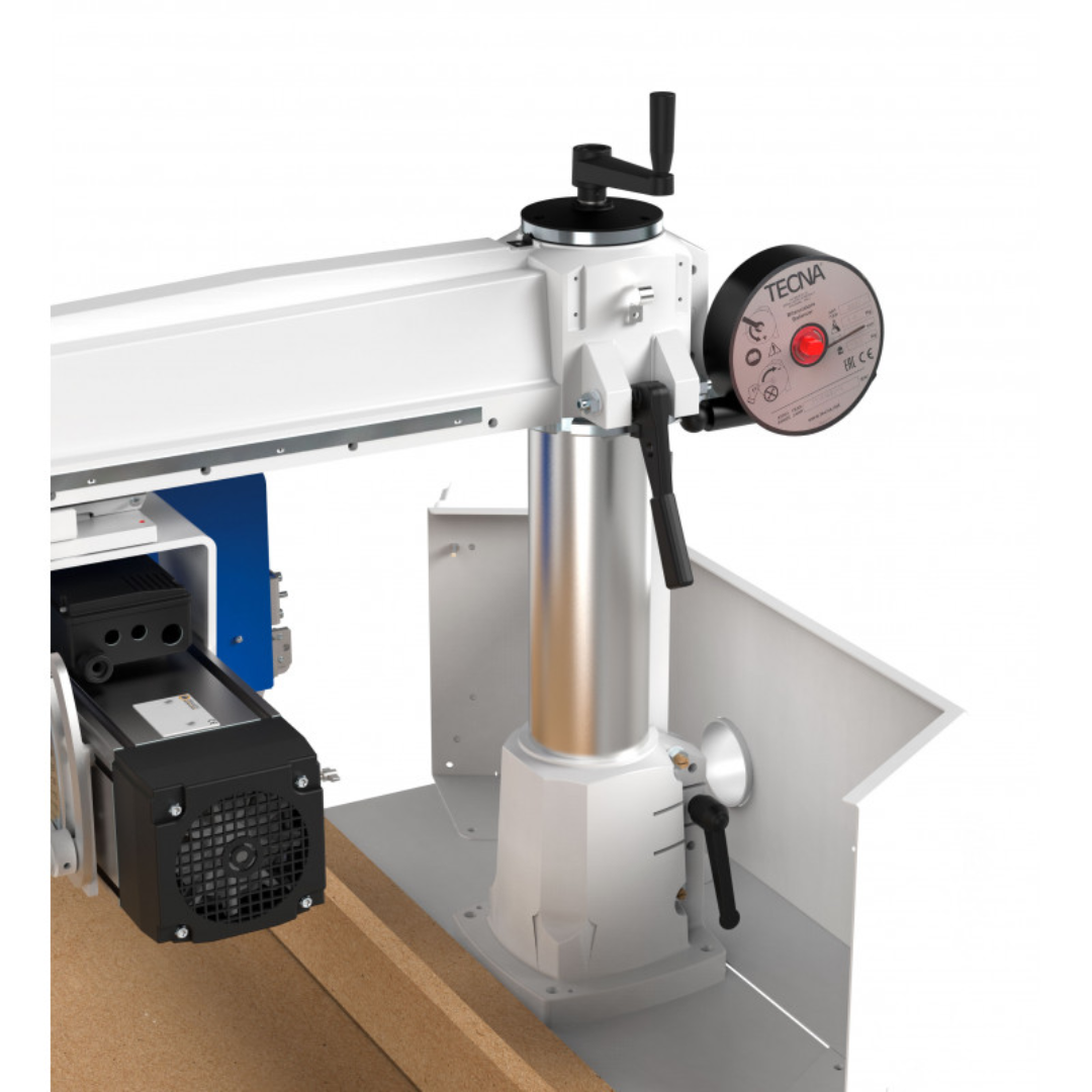 Rear-side profile of OMGA RAS 900 18" Radial Arm Saw displaying motor housing, support column, and radial arm mechanism