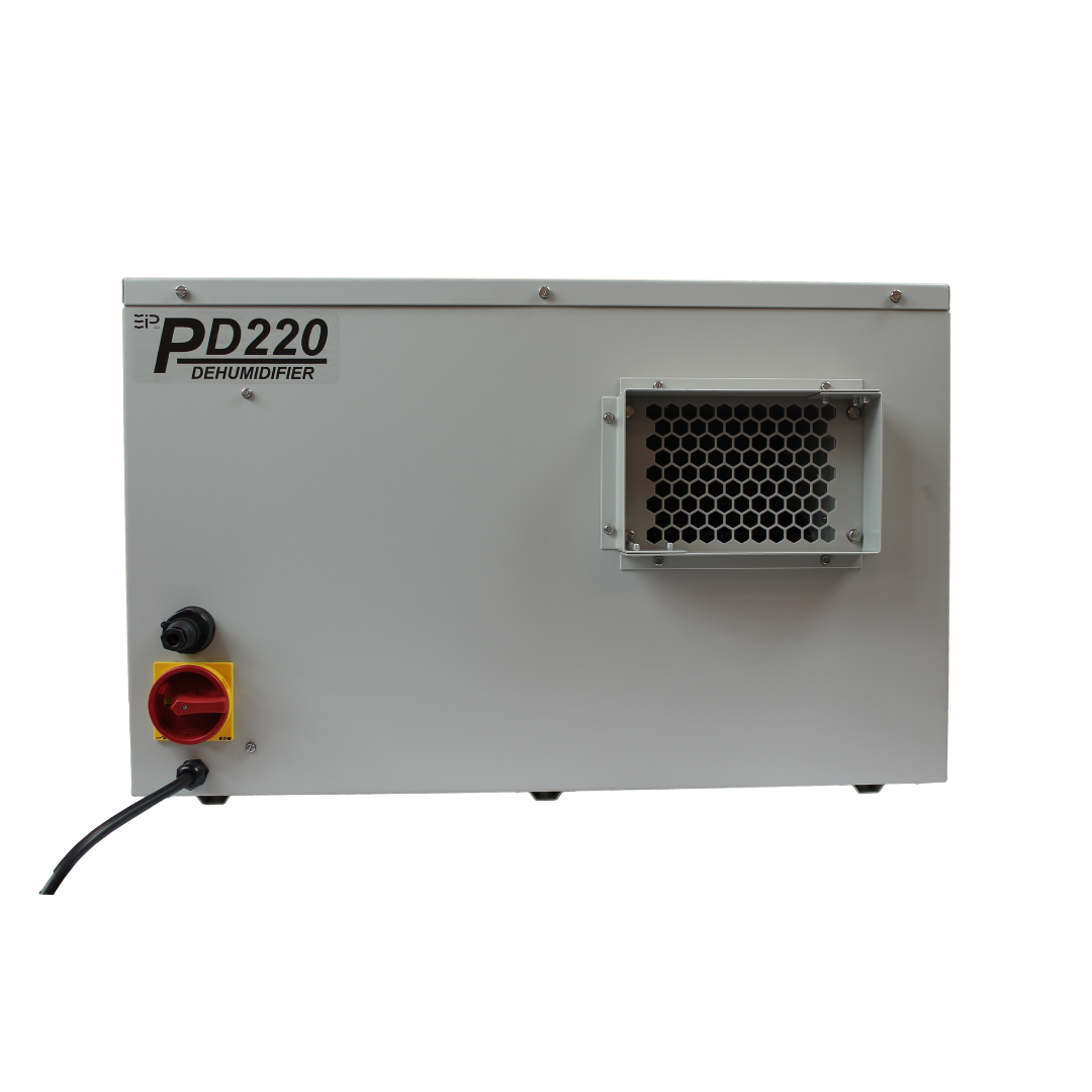 Rear angle of Ebac PD220-D Dehumidifier 10157GY-US highlighting ventilation outlet and electrical connection for industrial humidity control