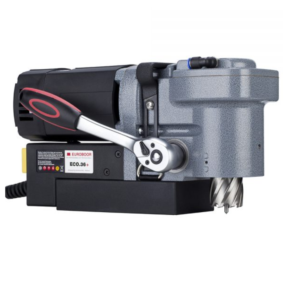 Rear angle of Euroboor ECO.36+ Magnetic Drilling Machine showing integrated motor housing, ergonomic feed mechanism, and compact horizontal layout.