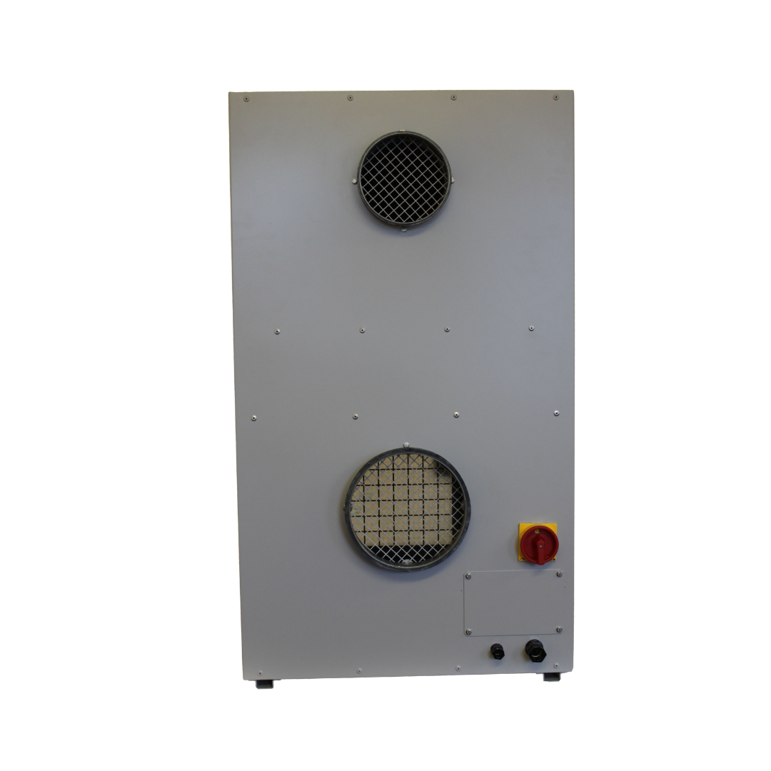 Rear connection ports of Ebac DD700 Desiccant Dehumidifier showing duct interfaces for regeneration airflow and industrial humidity control systems