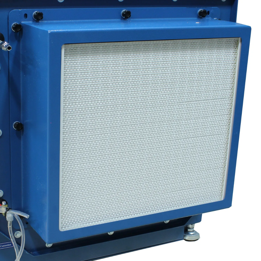 Rear filter access panel of the Baileigh 48" x 40" Heavy-Duty Downdraft Table, 2 HP (DDTM-4840-HD) 1017589 displaying high-capacity filtration system for industrial air cleaning applications.