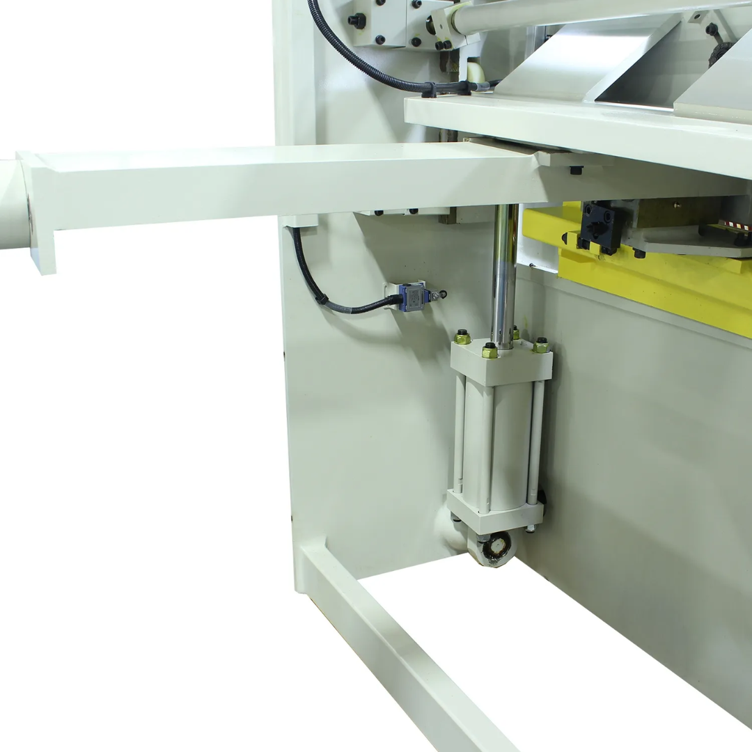 Rear gauge positioning system on the Baileigh Hydraulic Floor Shear 120" Shear Length 1007085 providing precise material alignment for repeatable sheet metal cutting operations.