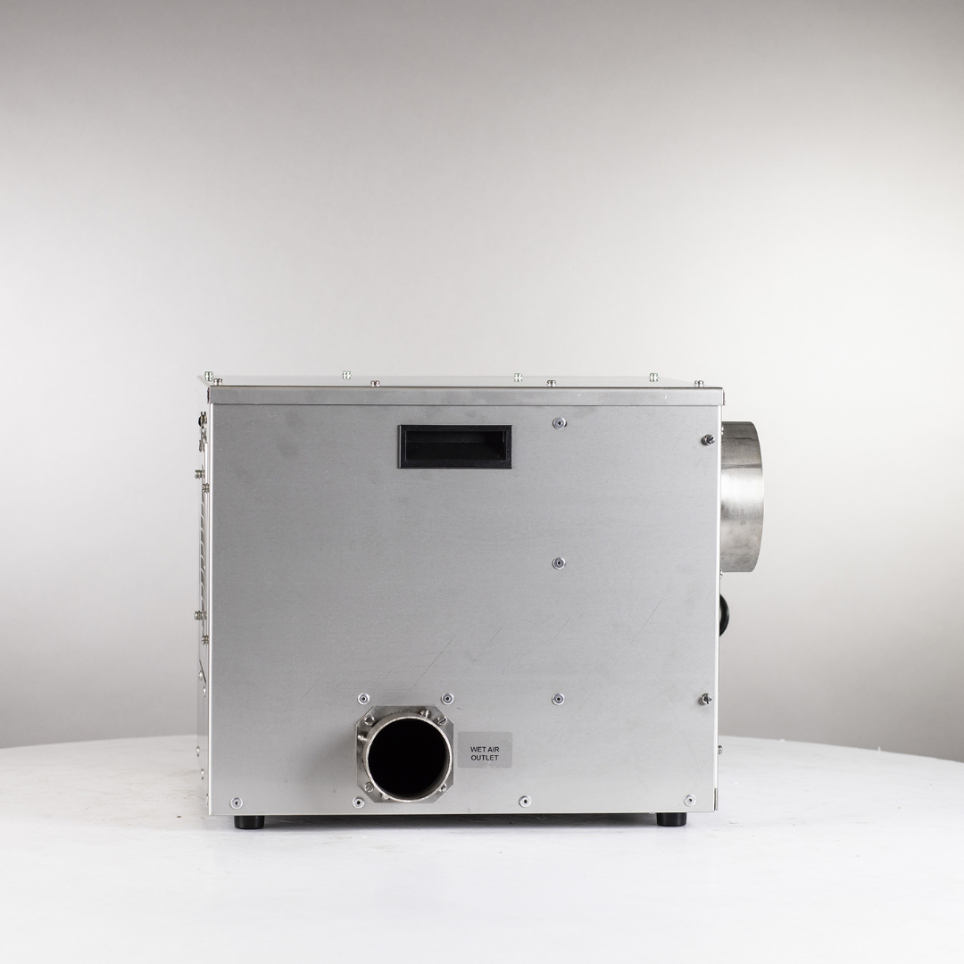 Rear panel of Ebac DD300-S Desiccant Dehumidifier 10501SU-US with duct connection port and stainless steel industrial enclosure