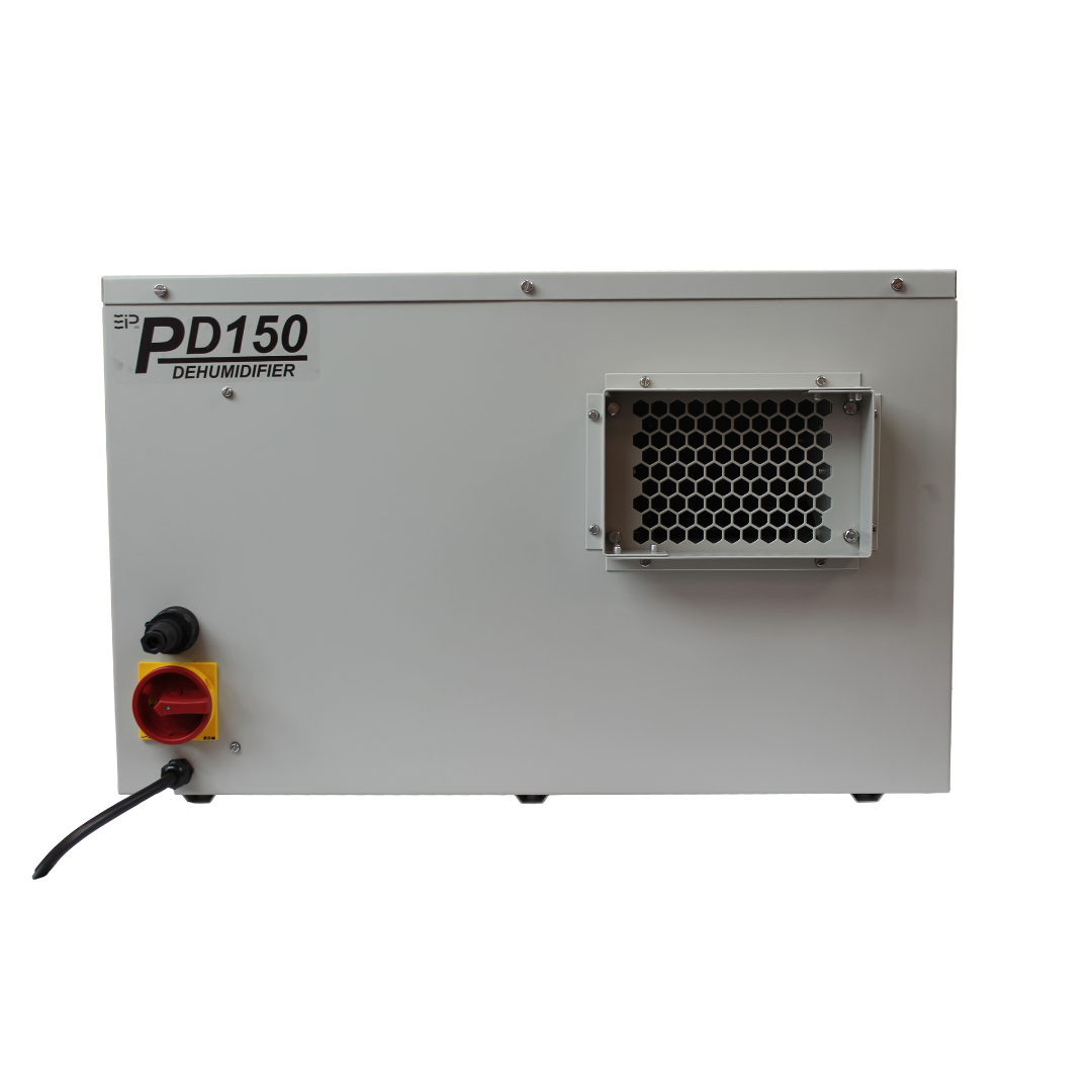 Rear view of Ebac PD150-D Dehumidifier 10156GY-US highlighting ventilation outlet and compact industrial humidity control unit construction