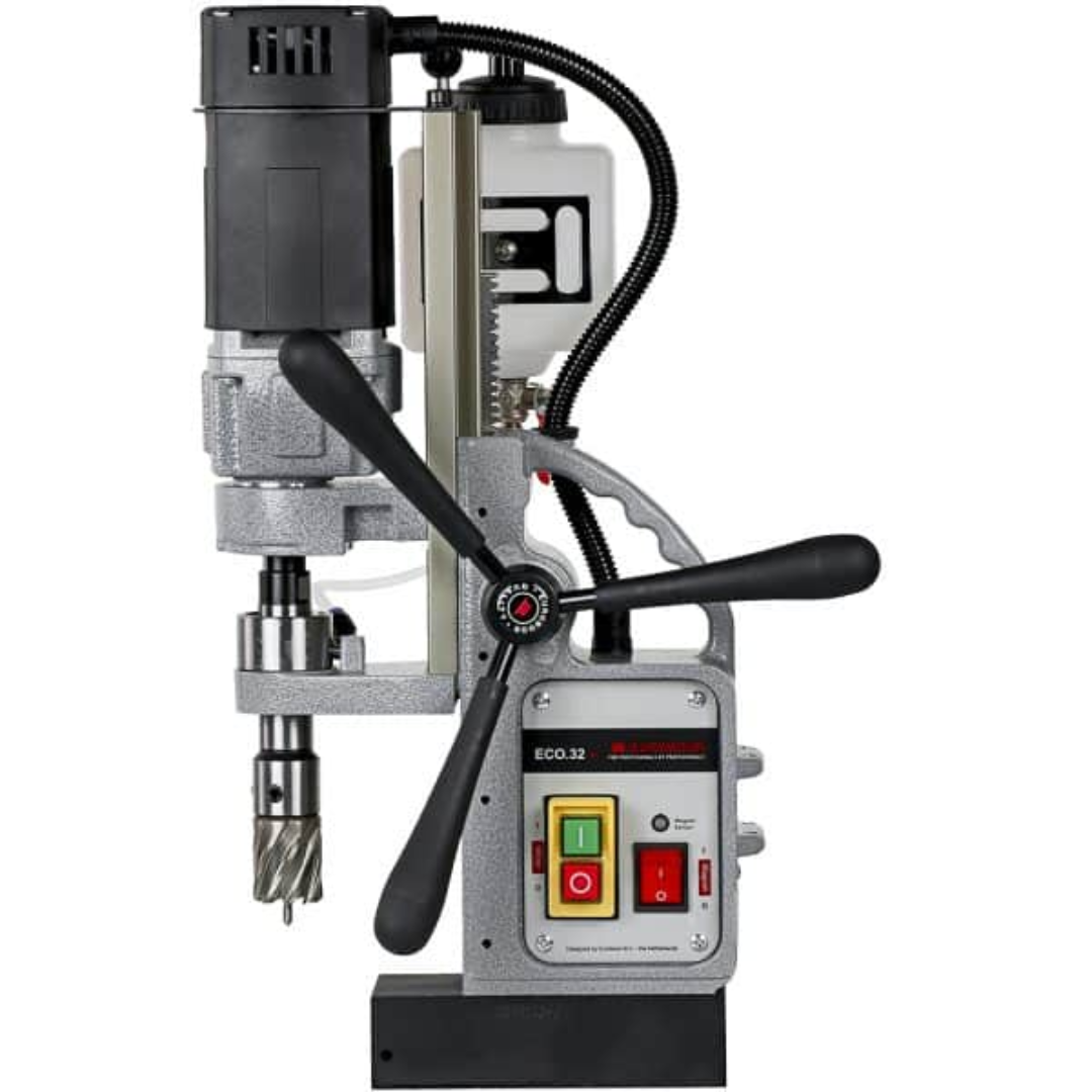 Rear view of Euroboor ECO.32+ Magnetic Drilling Machine displaying motor ventilation system, power connection, and sturdy construction.
