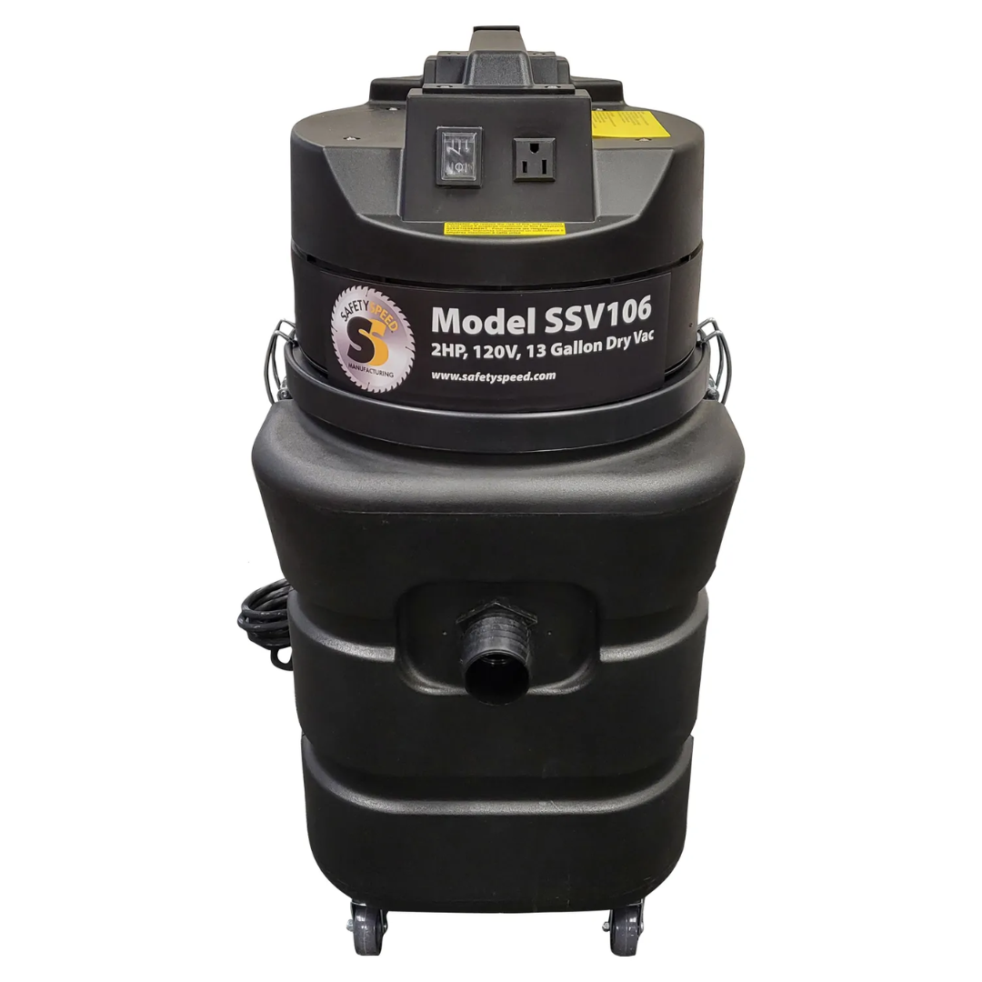 Safety Speed Automated Vacuum SSV106 industrial dry vacuum system with 13-gallon capacity, black heavy-duty housing, and front hose inlet port for dust collection applications