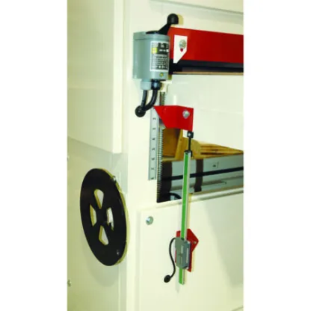 Safety Speed Power Lift Table for 4375 Wide Belt Sander WBATABLE mounted on machine showing powered height adjustment system with control handle for precise table elevation.