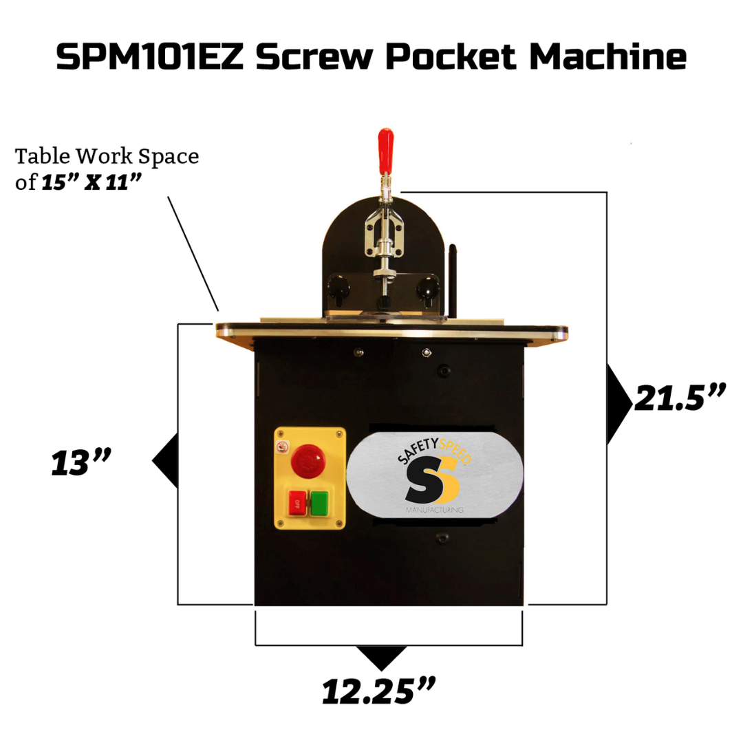Safety Speed SPM101EZ Screw Pocket Machine dimensional diagram showing machine layout and working area