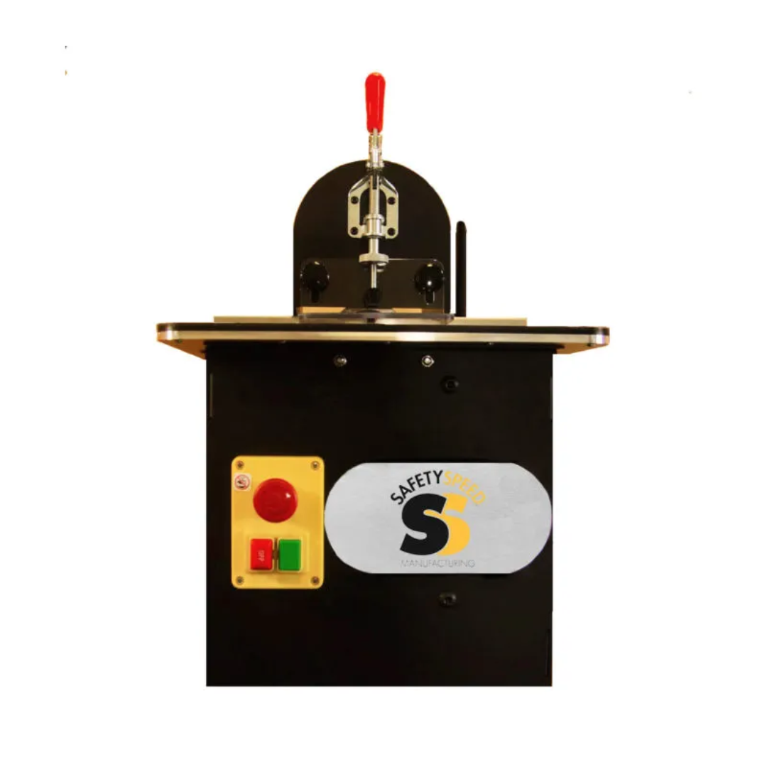 Safety Speed SPM101EZ Screw Pocket Machine front view showing compact vertical design with control panel and work surface