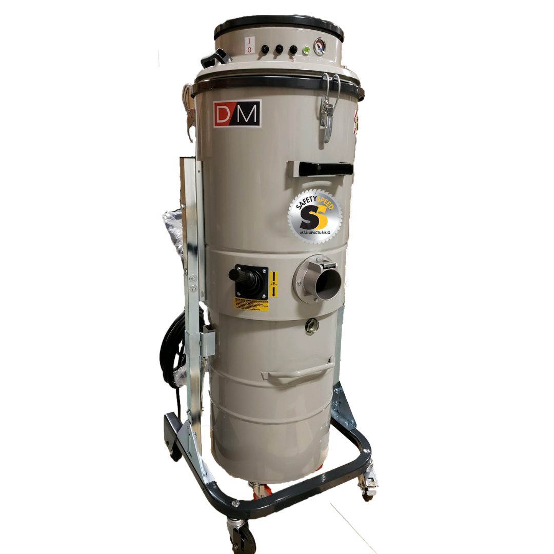 Safety Speed SSV201B Industrial Vacuum SSV201B heavy-duty vertical dust collection system with steel drum body, caster base, and front intake port for industrial applications