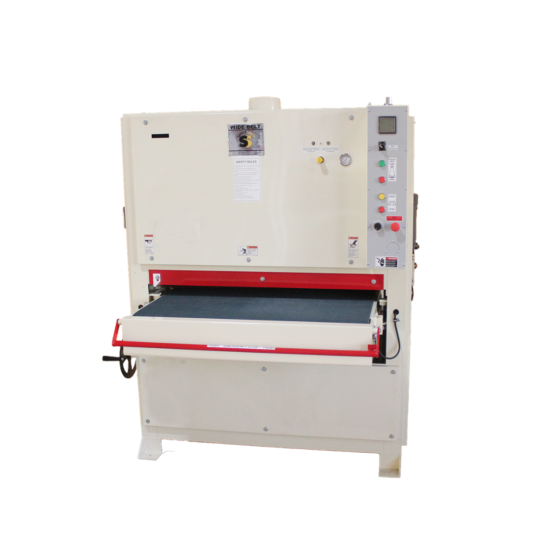 Safetyspeed 43″ Wide Belt Sander front view showing industrial sanding unit with control panel and conveyor table