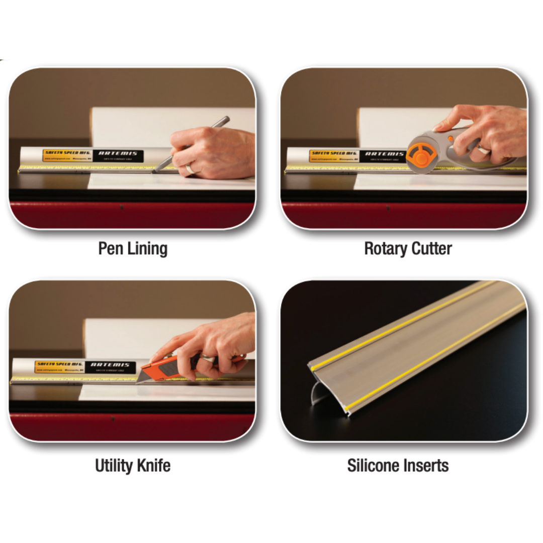 Safetyspeed Artemis Safety Straight Edge Ruler demonstrating hand placement and safety guard feature during cutting operation.