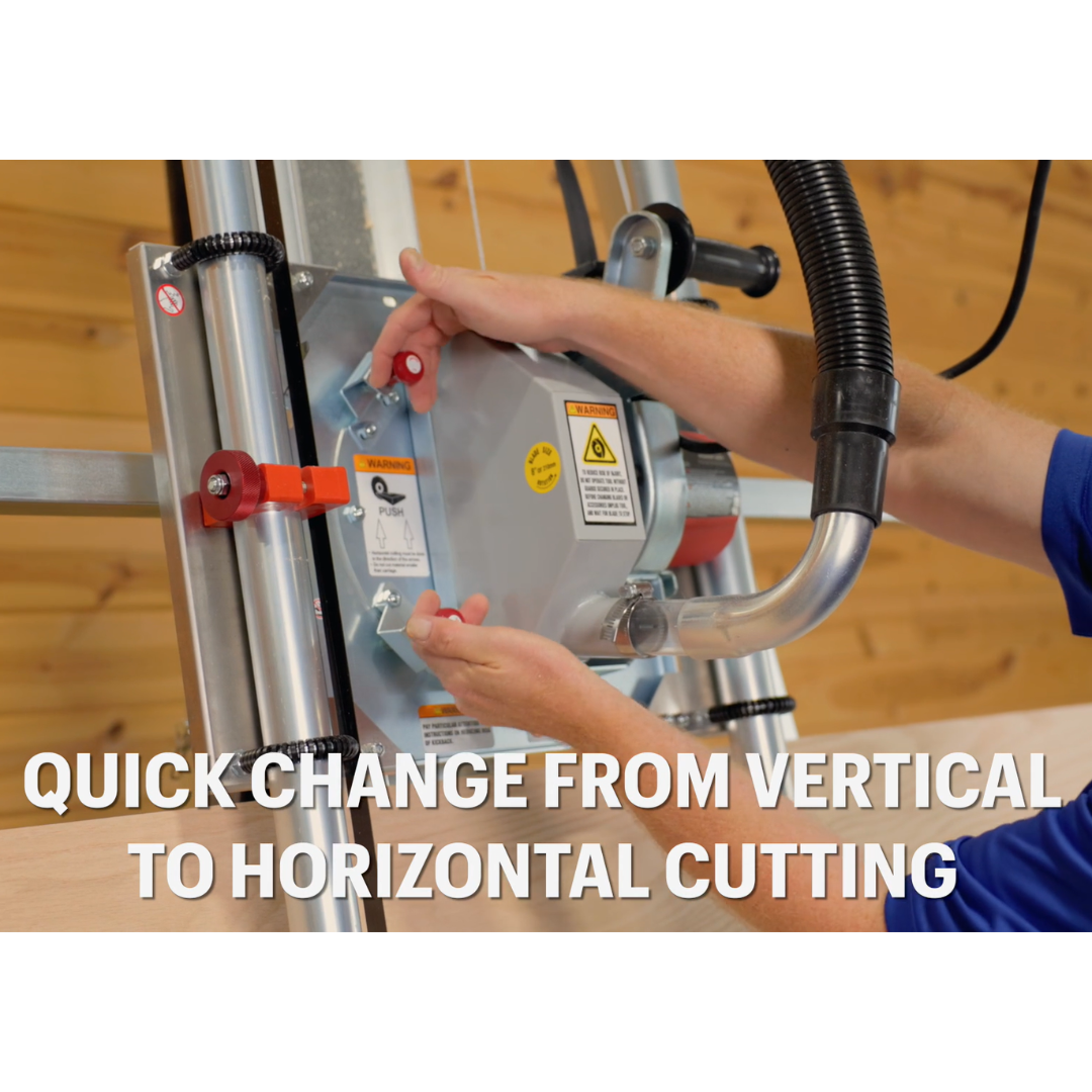 Safetyspeed C5 Panel Saw demonstration of vertical cutting with guided saw carriage and stable support structure