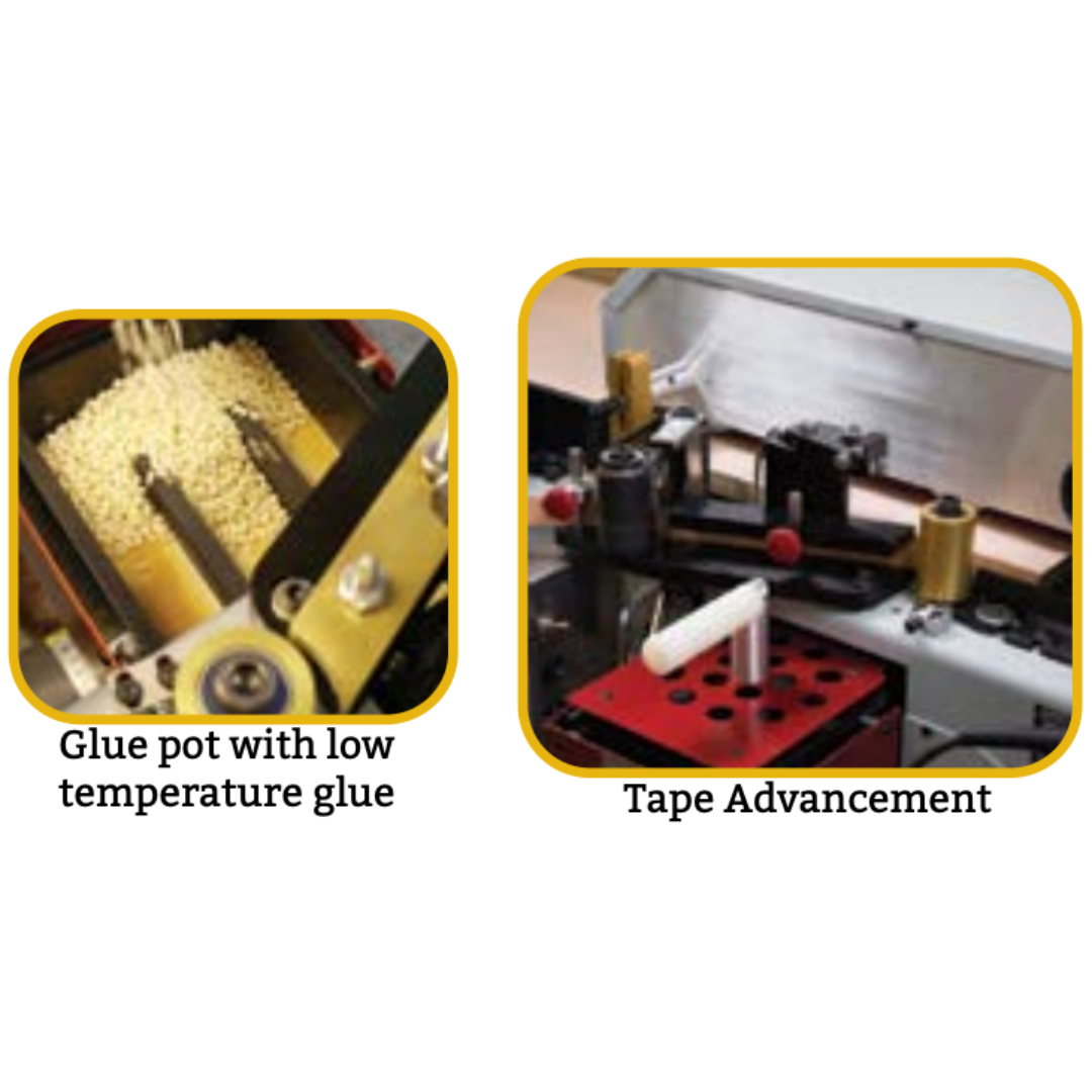 Safetyspeed Edgebander Glue Pot EZ72GP close-up of edge finishing process showing clean bonded edge results
