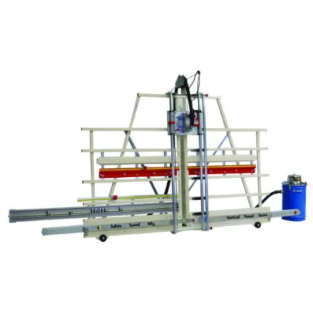 Safetyspeed H5 Panel Saw with 64″ Cutting Height side angle view highlighting carriage system and guide rails