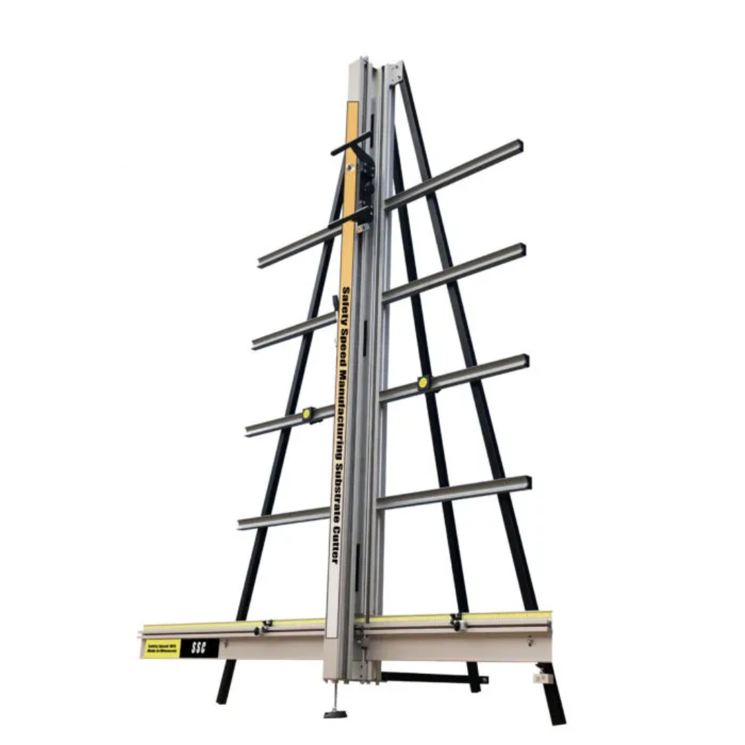 Safetyspeed SSC 165A Substrate Cutter with 65″ Maximum Crosscut vertical panel cutter with aluminum frame and precision cutting rails