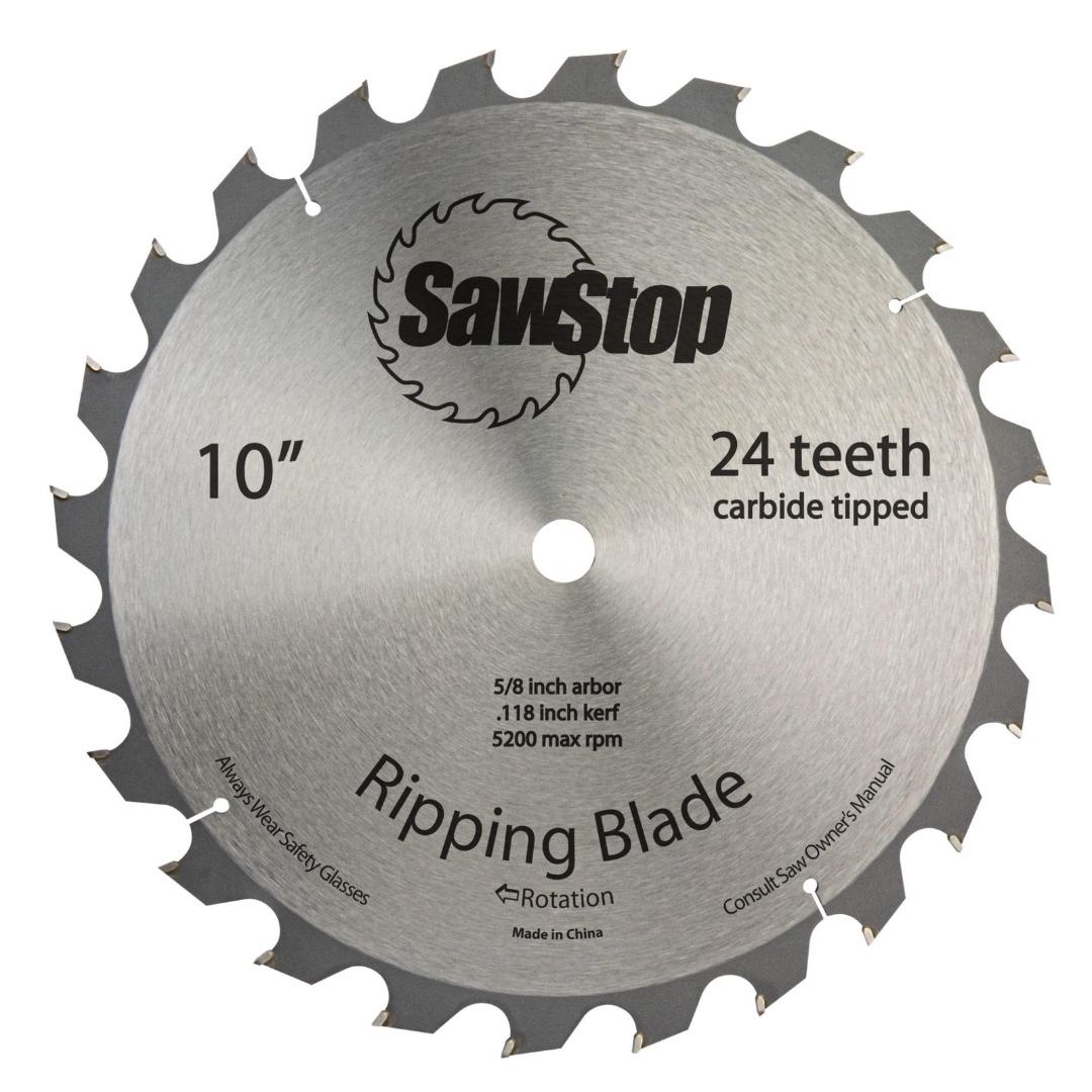 Close-up of the SawStop 10” 24-Tooth Blade BTS-R-24ATB featuring 24 precision-ground carbide teeth designed for aggressive ripping performance and smooth material removal.

SawStop 10” 24-Tooth Blade BTS-R-24ATB professional table saw blade with 5/8" arbor and 0.118" kerf optimized for straight, accurate rip cuts in woodworking applications.