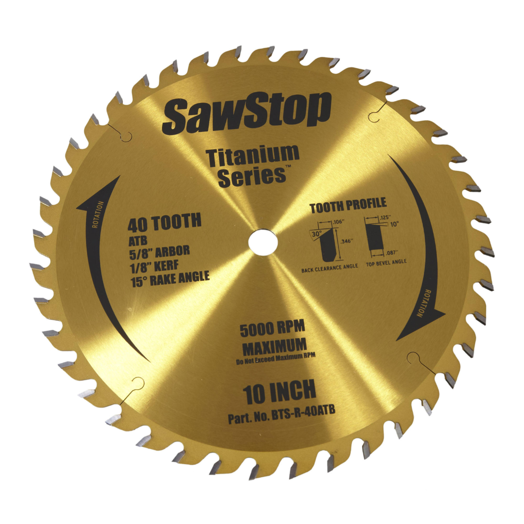 Close-up of the SawStop 10” 40-Tooth Blade BTS-R-40ATB showing titanium-coated blade body, precision-balanced construction, and 40-tooth ATB tooth geometry for versatile cutting performance.

SawStop 10” 40-Tooth Blade BTS-R-40ATB professional table saw blade with 5/8" arbor, 1/8" kerf, and 15° rake angle designed for fast, accurate cuts in hardwoods, softwoods, and sheet goods.

SawStop 10” 40-Tooth Blade BTS-R-40ATB titanium series blade displaying tooth profile specifications and 