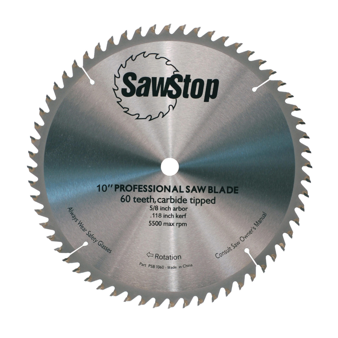 Close-up of the SawStop 10” 60-Tooth Blade CB104 184 featuring 60 precision-ground carbide teeth, 5/8" arbor, and durable steel blade body for consistent cutting performance.

SawStop 10” 60-Tooth Blade CB104 184 circular saw blade designed for fine woodworking, cabinetry, furniture production, and clean cutting in hardwoods, softwoods, and sheet goods.

Professional-grade SawStop 10” 60-Tooth Blade CB104 184 displaying carbide-tipped tooth design, expansion slots, and precision-bala