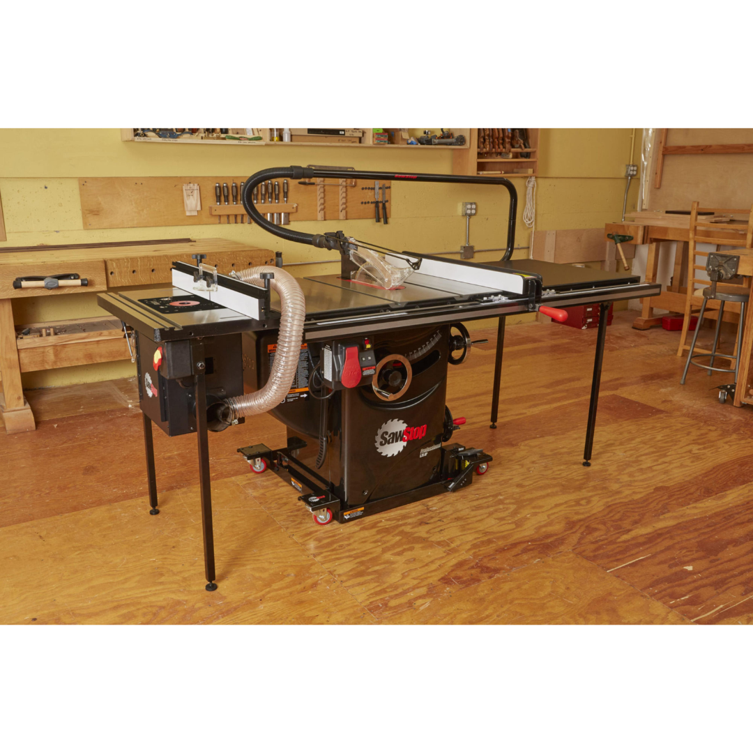 SawStop 27″ In-Line Router Table RT-TGP close-up view highlighting the router table surface, fence system, and professional-grade construction for accurate routing applications.