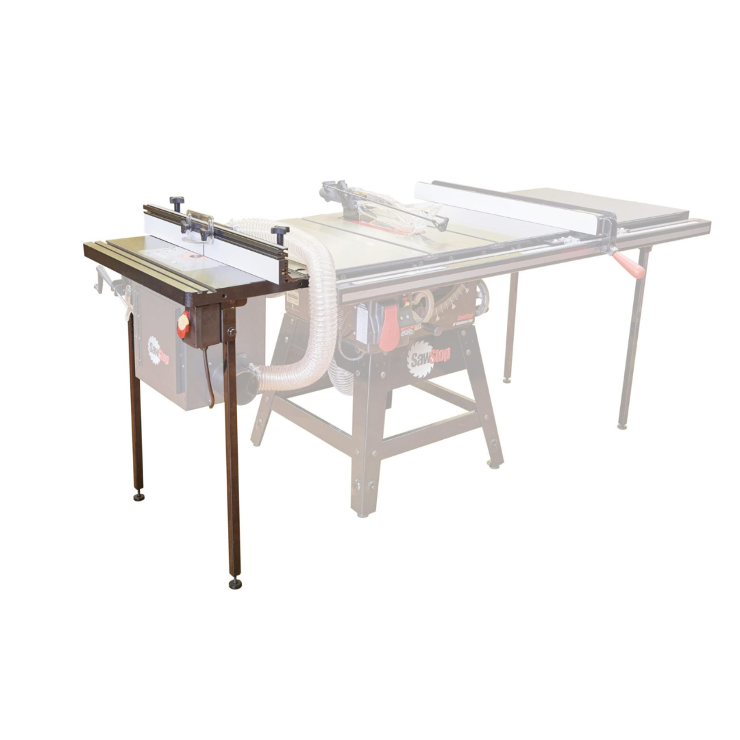 SawStop 27″ In-Line Router Table RT-TGP installed alongside a table saw, demonstrating flexible mounting options and efficient use of workshop space.