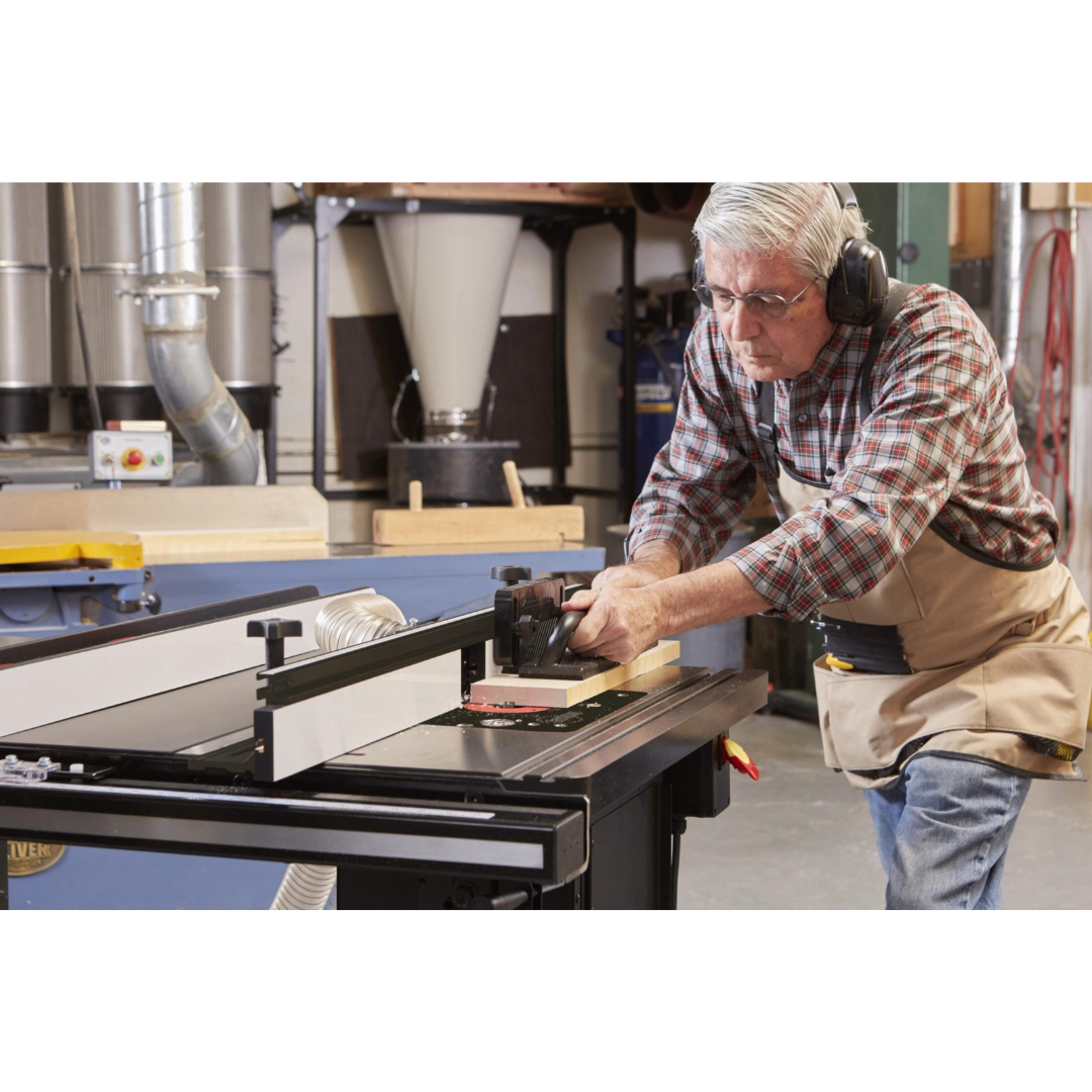 SawStop 30″ In-Line Router Table RT-TGI being used for precision routing applications, showcasing ergonomic access and enhanced woodworking efficiency.